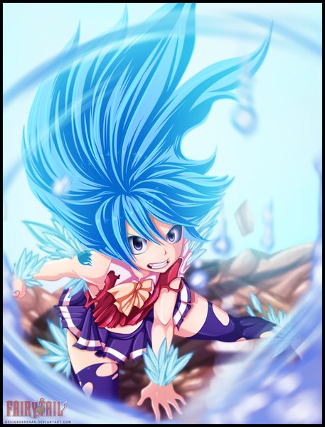 Anime picture 2271x2982 with fairy tail wendy marvell designerrenan single long hair tall image looking at viewer highres purple eyes blue hair pleated skirt from above wind loli tattoo grin coloring torn clothes magic angry
