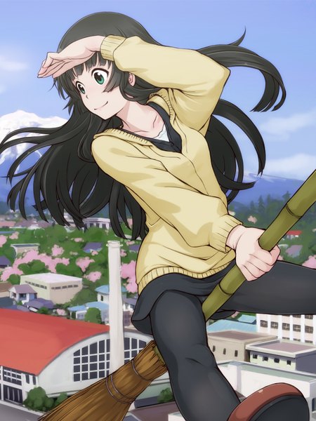 Anime picture 1200x1600 with flying witch j.c. staff kowata makoto takeda yukimura single long hair tall image blue eyes black hair looking away flying broom riding girl skirt pantyhose sweater broom