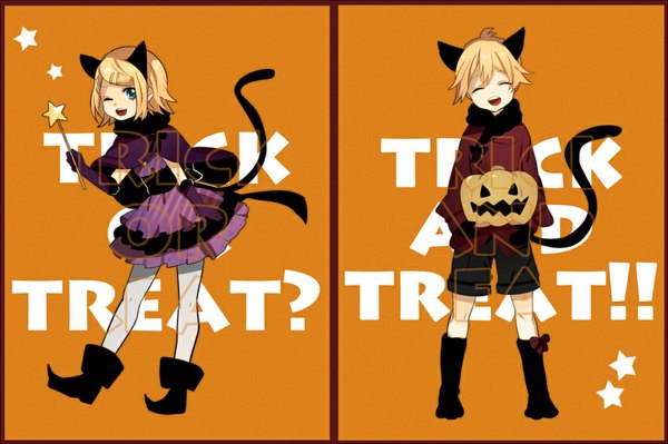 Anime picture 1000x666 with vocaloid kagamine rin kagamine len tama (songe) looking at viewer short hair open mouth blue eyes simple background blonde hair animal ears eyes closed one eye closed wink cat ears cat tail halloween orange background trick or treat girl