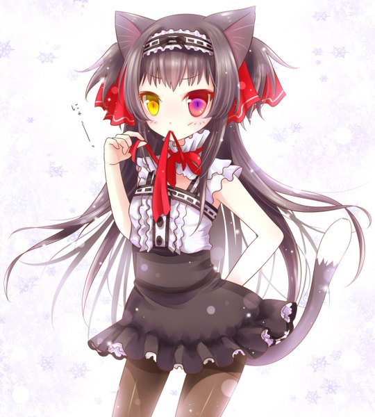 Anime picture 1436x1596 with original kuroki mashiro single long hair tall image looking at viewer fringe black hair white background holding animal ears tail animal tail cat ears cat girl cat tail sleeveless hand on hip heterochromia mouth hold