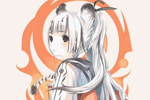 Anime picture 1500x1000 with houden eizou single long hair brown eyes animal ears ponytail tail multicolored hair two-tone hair girl ribbon (ribbons) hair ribbon backpack