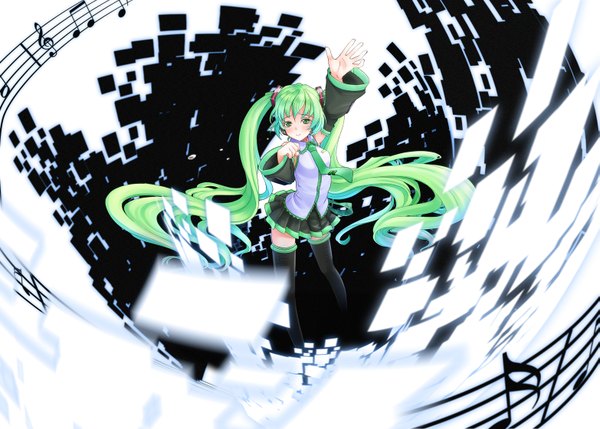 Anime picture 1565x1120 with vocaloid hatsune miku long hair twintails green eyes very long hair green hair music girl thighhighs detached sleeves miniskirt necktie