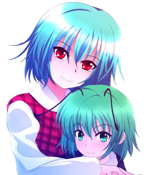 Anime picture 1264x1474 with touhou kazami yuuka wriggle nightbug toratarou tall image looking at viewer blush short hair simple background smile red eyes white background multiple girls green eyes blue hair green hair girl 2 girls