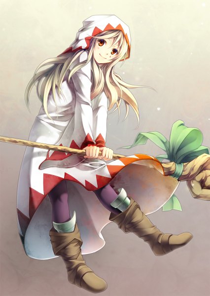 Anime picture 852x1200 with final fantasy square enix white mage yoshino ryou single long hair tall image looking at viewer blush smile red eyes silver hair girl ribbon (ribbons) boots hood staff