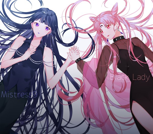 Anime picture 1700x1484 with bishoujo senshi sailor moon toei animation chibiusa tomoe hotaru black lady mistress 9 hanasato (okashino) black hair simple background purple eyes multiple girls pink hair lying very long hair pink eyes hair bun (hair buns) gradient background turning head holding hands hand on chest