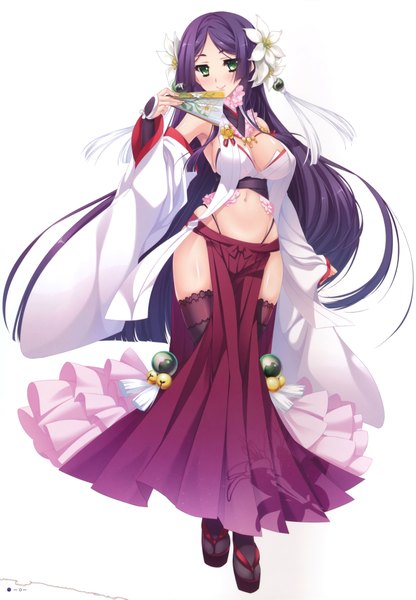 Anime picture 5660x8161 with katagiri hinata single tall image looking at viewer blush highres breasts light erotic simple background smile white background green eyes absurdres purple hair very long hair hair flower scan midriff girl thighhighs