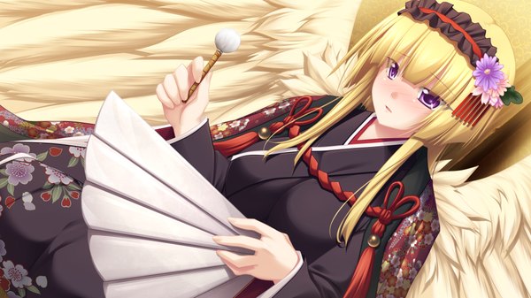 Anime picture 1024x576 with kamidori alchemy meister long hair blush blonde hair wide image purple eyes game cg girl wings
