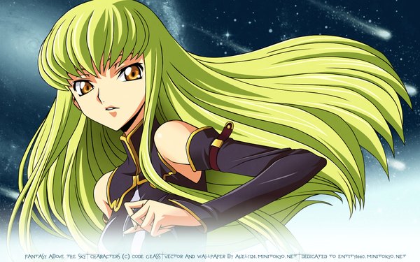 Anime picture 1920x1200 with code geass sunrise (studio) c.c. single long hair highres wide image bare shoulders yellow eyes outdoors parted lips green hair night night sky girl star (stars)