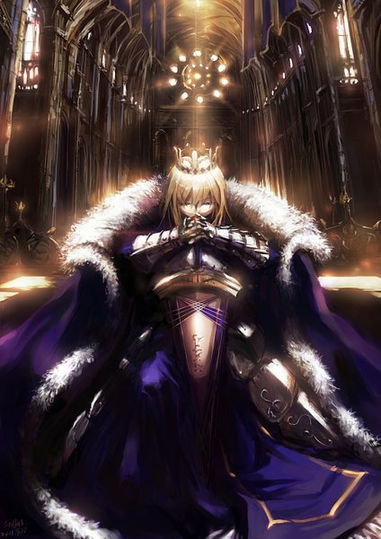 Anime picture 1000x1415 with fate (series) fate/stay night fate/zero studio deen type-moon artoria pendragon (all) saber stu dts single tall image fringe blonde hair eyes closed light architecture alternate color girl dress gloves weapon