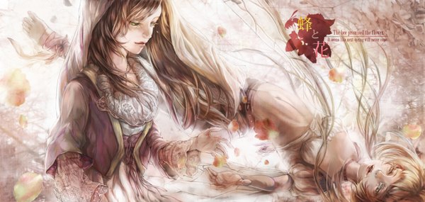 Anime picture 2598x1235 with original sansaki shin (artist) long hair highres open mouth blonde hair brown hair wide image multiple girls brown eyes green eyes barefoot inscription no shoes tears hieroglyph crying falling girl dress