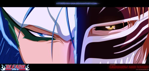 Anime picture 1200x572 with bleach studio pierrot kurosaki ichigo grimmjow jeagerjaques o-nii-san short hair blue eyes wide image yellow eyes blue hair orange hair inscription coloring close-up face espada boy mask