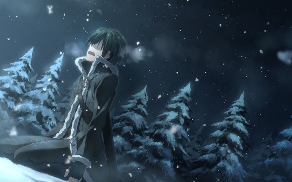 Anime picture 2560x1600 with sword art online a-1 pictures kirigaya kazuto yuuki tatsuya single highres short hair open mouth sitting sky night dutch angle wallpaper fur trim snowing winter snow exhalation hair over eyes boy