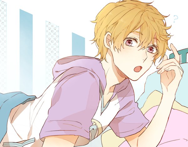 Anime picture 840x661 with free! kyoto animation hazuki nagisa shijima tohiro single looking at viewer blush fringe short hair open mouth blonde hair hair between eyes pink eyes fingernails ? raglan sleeves boy pillow hood bed