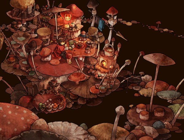 Anime picture 1250x950 with original yamaada detailed hat book (books) table lantern child (children) clothes house mushroom (mushrooms) fireplace