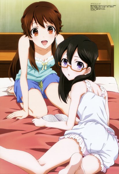 Anime picture 4085x5941 with glasslip megami magazine p.a. works nagamiya sachi fukami touko long hair tall image looking at viewer highres short hair open mouth black hair brown hair purple eyes multiple girls brown eyes absurdres looking back official art girl