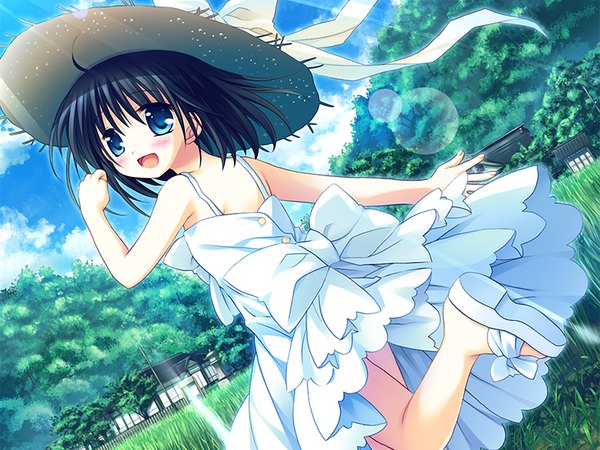 Anime picture 1024x768 with natsu yuki - summer snow sawatari natsuki blush short hair open mouth blue eyes black hair game cg loli girl hat sundress