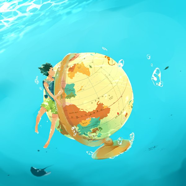Anime picture 1012x1012 with hunter x hunter gon freaks tagme (artist) single short hair black hair barefoot underwater boy shorts bubble (bubbles) globe
