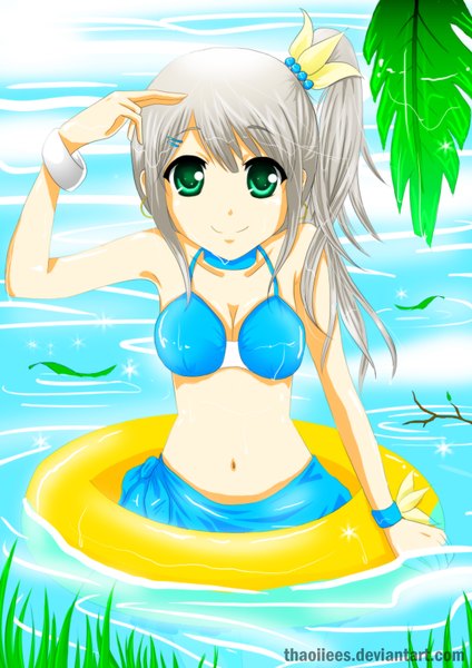 Anime picture 2480x3508 with original thaoiiees single long hair tall image highres smile green eyes grey hair wet side ponytail girl navel hair ornament swimsuit bikini water hairclip leaf (leaves) swim ring