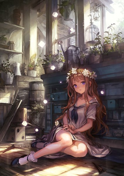 Anime picture 900x1274 with original lm7 (op-center) single long hair tall image looking at viewer blush brown hair purple eyes revision girl dress flower (flowers) plant (plants) socks window white socks wreath cage cube
