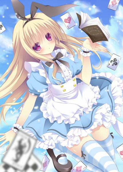 Anime picture 700x979 with original shibainu niki single long hair tall image blush blonde hair purple eyes sky cloud (clouds) girl thighhighs dress bow hair bow book (books) striped thighhighs card (cards)