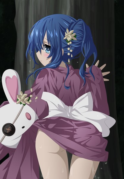 Anime picture 3070x4414 with date a live yoshino (date a live) yoshinon fabiansm single long hair tall image blush highres blue eyes light erotic blue hair absurdres japanese clothes profile looking back hair flower sweat coloring girl