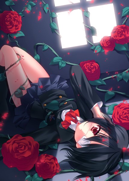 Anime picture 900x1259 with another p.a. works misaki mei nakada rumi single tall image looking at viewer blush short hair black hair red eyes girl skirt uniform flower (flowers) school uniform petals rose (roses) eyepatch