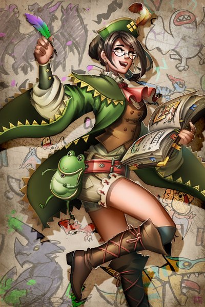 Anime picture 864x1296 with monster hunter receptionist (monster hunter) pechan (artist) single tall image short hair open mouth black hair smile yellow eyes bent knee (knees) eyebrows girl glasses boots belt book (books) feather (feathers) fanny pack