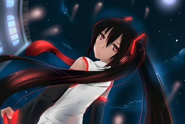 Anime picture 1280x861 with vocaloid zatsune miku long hair black hair red eyes cloud (clouds) long sleeves night sky girl necktie moon star (stars) house