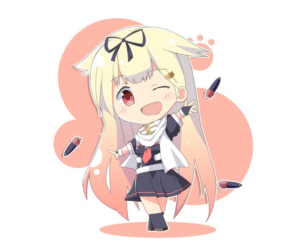 Anime picture 950x800 with kantai collection yuudachi destroyer nihonbato single blush fringe open mouth blonde hair simple background red eyes standing white background full body very long hair pleated skirt one eye closed multicolored hair arm up wink shadow