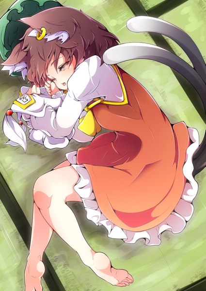 Anime picture 2505x3539 with touhou chen baba (baba seimaijo) single tall image blush highres short hair open mouth brown hair brown eyes animal ears tail lying animal tail barefoot from above cat ears cat girl cat tail