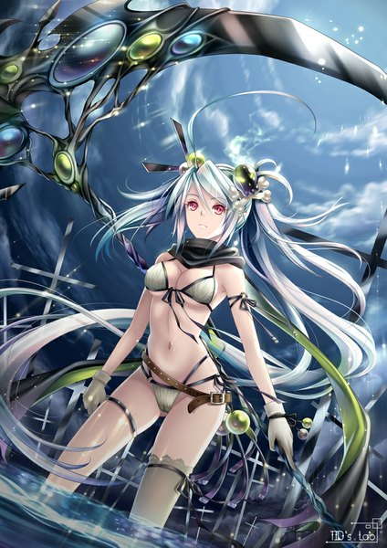 Anime picture 707x1000 with original tidsean tall image breasts light erotic red eyes twintails sky silver hair cloud (clouds) very long hair girl thighhighs navel hair ornament weapon swimsuit bikini scythe