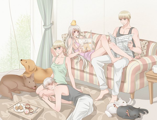 Anime picture 1134x870 with axis powers hetalia studio deen prussia (hetalia) germany (hetalia) long hair short hair red eyes purple eyes bare shoulders multiple girls green eyes lying eyes closed barefoot multiple boys couple kneeling group striped reclining