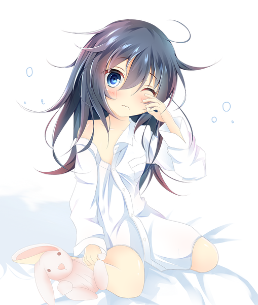 Anime picture 942x1111 with kantai collection akatsuki destroyer kushida you single long hair tall image looking at viewer blush blue eyes black hair sitting ahoge long sleeves one eye closed off shoulder wariza messy hair sleepy girl shirt