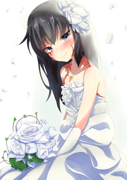 Anime picture 679x960 with dorei to no seikatsu ~teaching feeling~ sylvie (dorei to no seikatsu) kiomota single long hair tall image looking at viewer blush fringe blue eyes black hair simple background smile hair between eyes white background bare shoulders head tilt hair flower girl dress