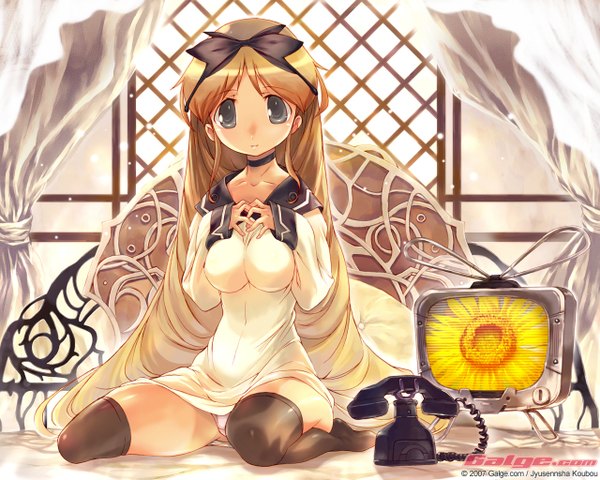 Anime picture 1280x1024 with galge.com breasts blonde hair pantyshot thighhighs underwear panties ribbon (ribbons) black thighhighs hair ribbon choker bedroom television