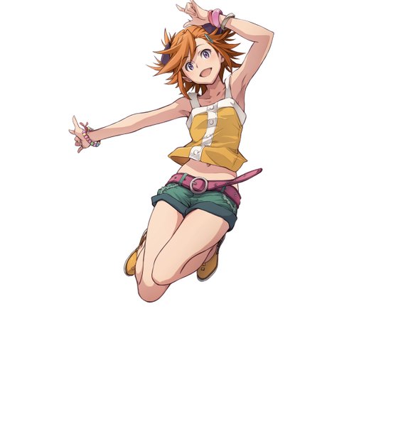 Anime picture 1445x1474 with captain earth studio bones yomatsuri akari minato fumi single tall image looking at viewer short hair open mouth simple background smile white background purple eyes bare shoulders orange hair bare legs armpit (armpits) jumping girl navel