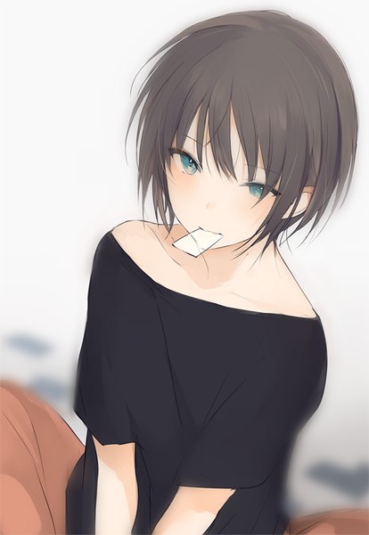 Anime picture 630x913 with original lpip single tall image looking at viewer blush fringe short hair blue eyes black hair simple background sitting bare shoulders holding upper body blurry shadow dutch angle mouth hold revision