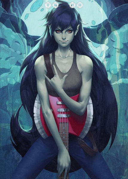Anime picture 857x1200 with adventure time marceline (adventure time) artgerm (stanley lau) single tall image looking at viewer black hair red eyes signed very long hair pointy ears realistic teeth fang (fangs) vampire grey skin bite mark girl pants musical instrument