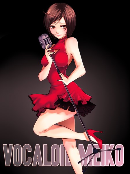 Anime picture 1500x2000 with vocaloid meiko single tall image blush fringe short hair simple background smile brown hair brown eyes looking away nail polish inscription legs sleeveless girl dress shoes microphone