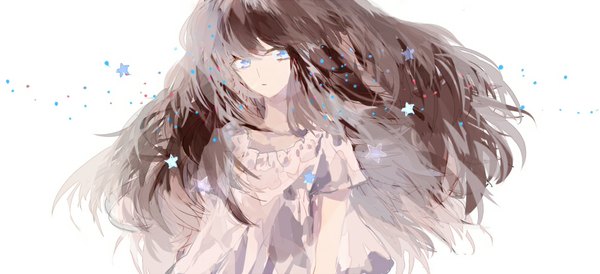 Anime picture 1000x457 with original aui single long hair fringe simple background brown hair wide image white background looking away aqua eyes girl
