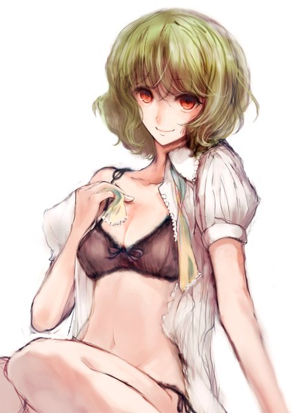 Anime picture 1003x1416 with touhou kazami yuuka nokishita single tall image short hair light erotic simple background smile red eyes white background sitting cleavage green hair open clothes open shirt girl underwear
