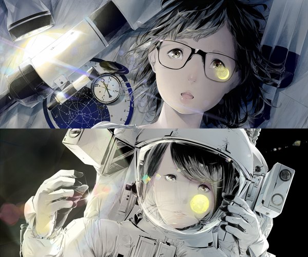 Anime picture 1300x1085 with original sousou (sousouworks) looking at viewer fringe short hair open mouth black hair multiple girls lying sunlight grey eyes light multiview space girl gloves 2 girls glasses white gloves sun