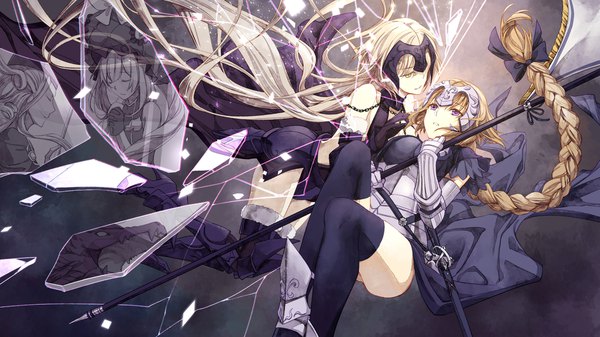 Anime picture 1920x1080 with fate (series) fate/grand order fate/apocrypha jeanne d'arc (fate) (all) jeanne d'arc alter (fate) jeanne d'arc (fate) marie antoinette (fate/grand order) jeanne d'arc alter (avenger) (third ascension) (fate) wolfgang amadeus mozart (fate/grand order) jh long hair fringe highres light erotic blonde hair wide image purple eyes bare shoulders multiple girls holding