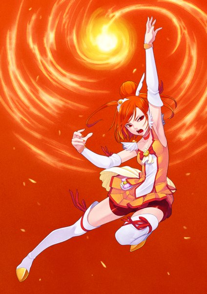 Anime picture 1000x1414 with precure smile precure! toei animation hino akane (smile precure!) cure sunny hamada youho single tall image looking at viewer open mouth red eyes nail polish orange hair arms up armpit (armpits) hair bun (hair buns) jumping magical girl girl dress