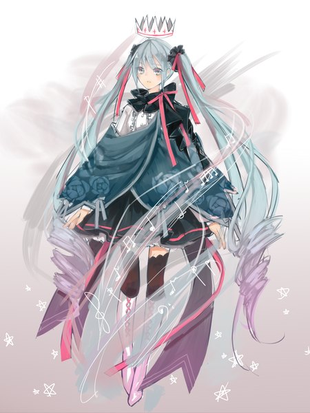 Anime picture 1050x1400 with vocaloid hatsune miku fei (songyijie) single tall image looking at viewer twintails full body very long hair aqua eyes aqua hair drill hair girl thighhighs skirt hair ornament flower (flowers) bow ribbon (ribbons) black thighhighs