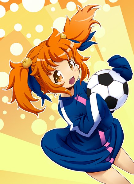 Anime picture 689x946 with original mana12 single tall image looking at viewer blush short hair open mouth smile twintails orange hair orange eyes short twintails girl uniform gym uniform ball soccer ball soccer uniform