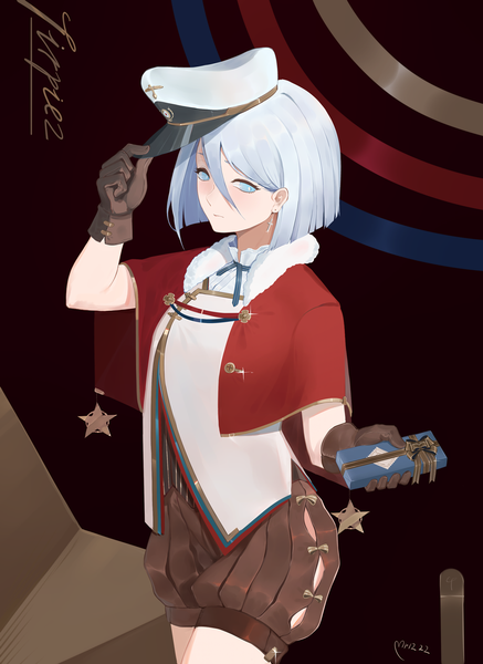 Anime picture 1190x1631 with azur lane tirpitz (azur lane) yueguang zhanglang single tall image blush fringe short hair blue eyes standing silver hair sparkle embarrassed fur trim character names turning head christmas adjusting hat girl gloves