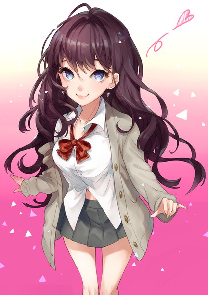 Anime picture 1000x1415 with idolmaster idolmaster cinderella girls ichinose shiki yuu (higashi no penguin) single long hair tall image looking at viewer fringe smile brown hair purple eyes from above gradient background pink background open collar :3 pinky out girl uniform