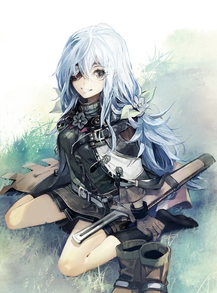 Anime picture 814x1100 with original banpai akira single long hair tall image looking at viewer fringe open mouth smile hair between eyes sitting blue hair bent knee (knees) outdoors :d hair flower grey eyes wariza leather girl