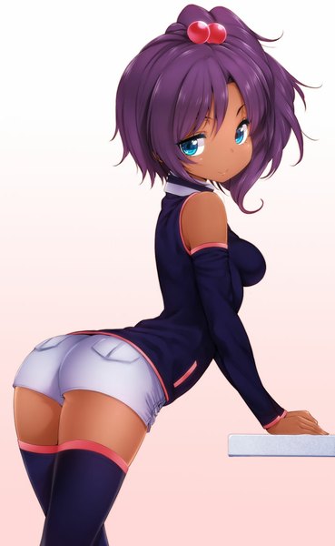Anime picture 714x1158 with sd gundam g generation rachel ransom zizi (zz22) single tall image looking at viewer short hair blue eyes bare shoulders purple hair dark skin girl thighhighs hair ornament detached sleeves shorts hair tie hair bobbles white shorts